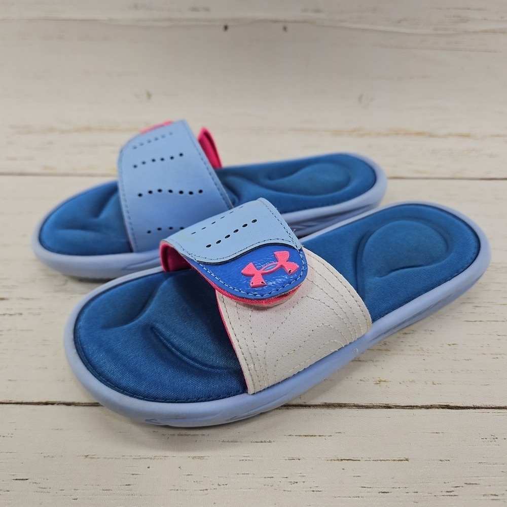 Under Armour Ignite VI Slides Youth Size 2Y Blue Pink Adjustable Strap Sandals